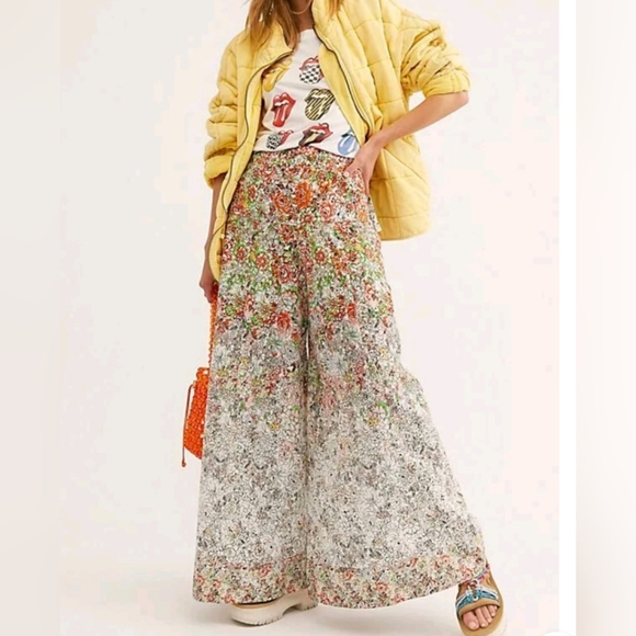Free People Pants - Free People Sugar Magnolia Cotton Floral-Print Wide-Leg Pants Women's Size L
